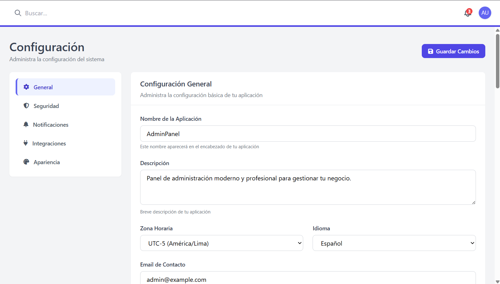 Panel de configuración