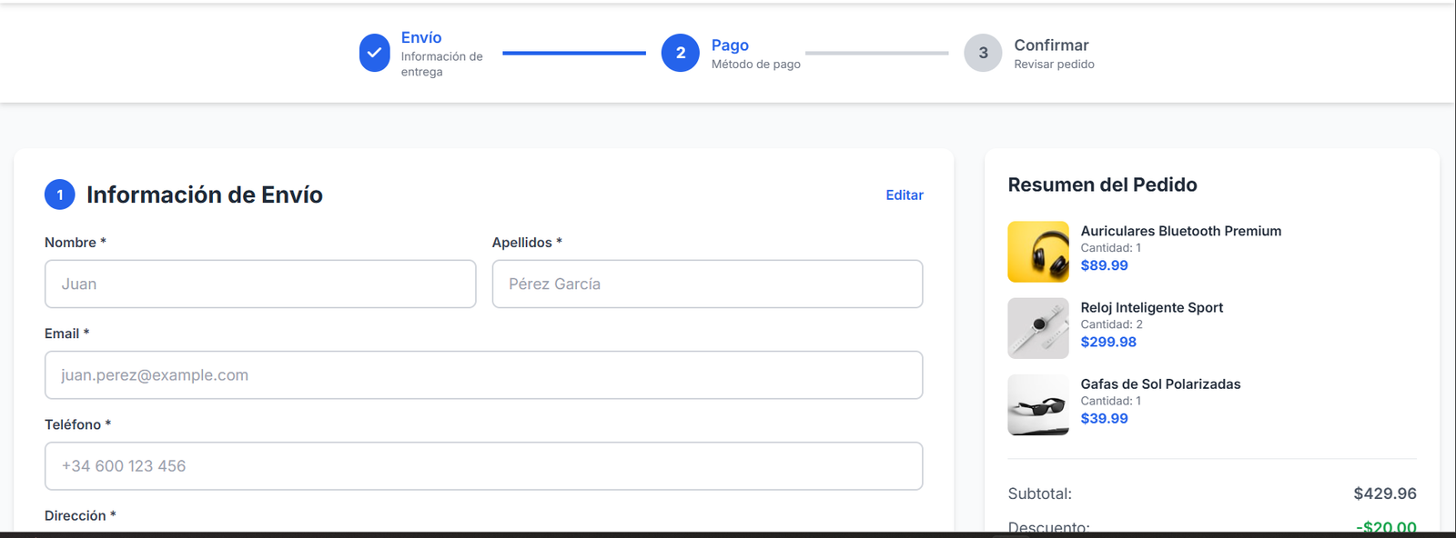 Proceso de checkout en 3 pasos
